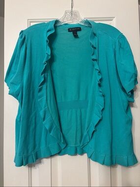 INC International Concepts Teal Ruffle Open-Front Short-Sleeve Cardigan